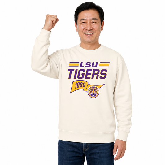 LSU Tigers NCAA Varsity Pennant Crewneck Sweatshirt Men Women Fleece - Off White