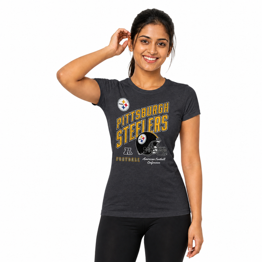 Pittsburgh Steelers  Women's Distressed Helmet T-Shirt - Heather Charcoal