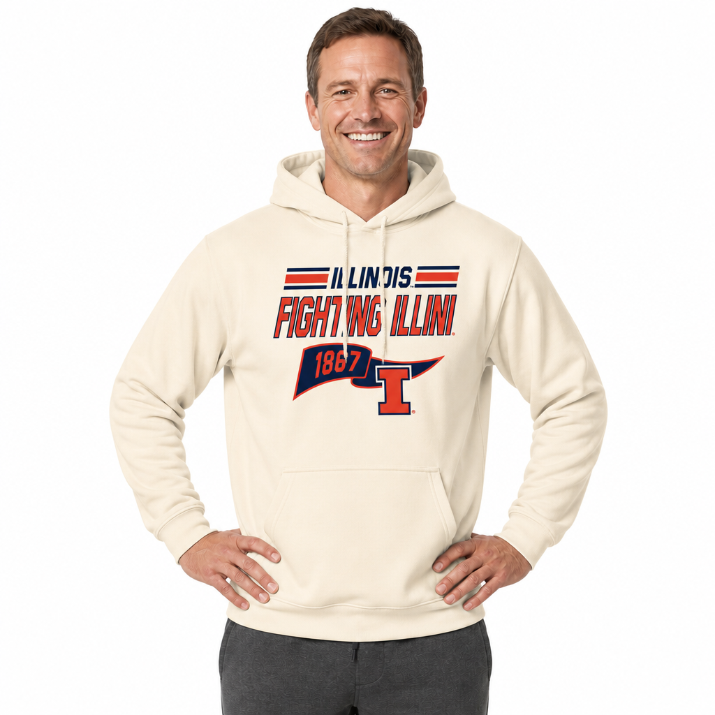 Illinois Fighting Illini NCAA Varsity Club Pennant Hoodie Fleece Men Women - Off White