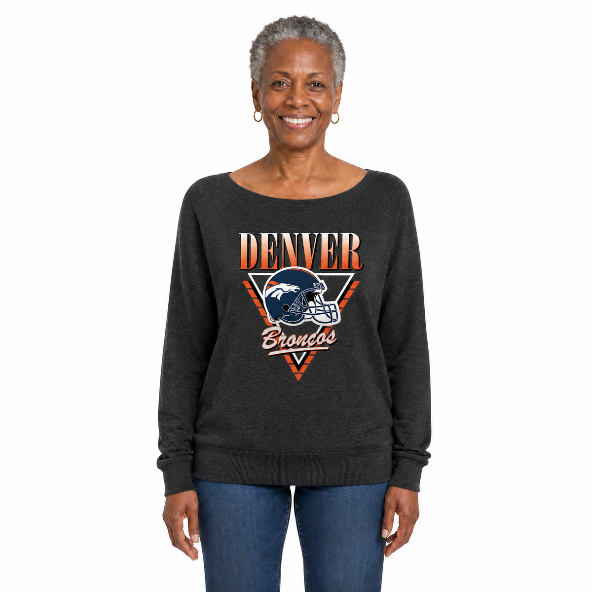 Denver Broncos  Women's NFL Retro Triangle French Terry Crewneck Top - Heather Charcoal