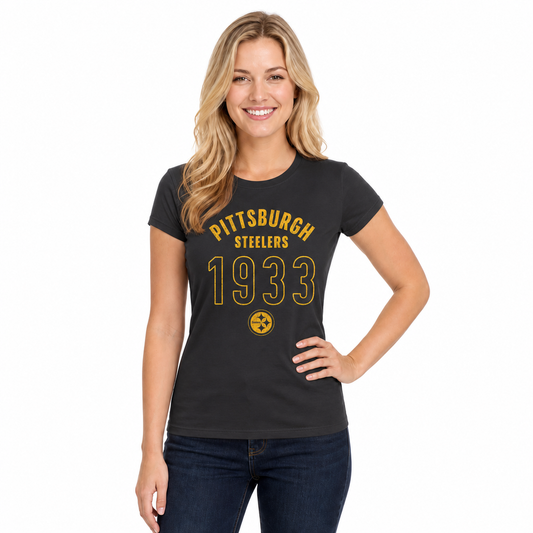 Pittsburgh Steelers  Women's Big Date T-Shirt NFL Short Sleeve Tee - Black