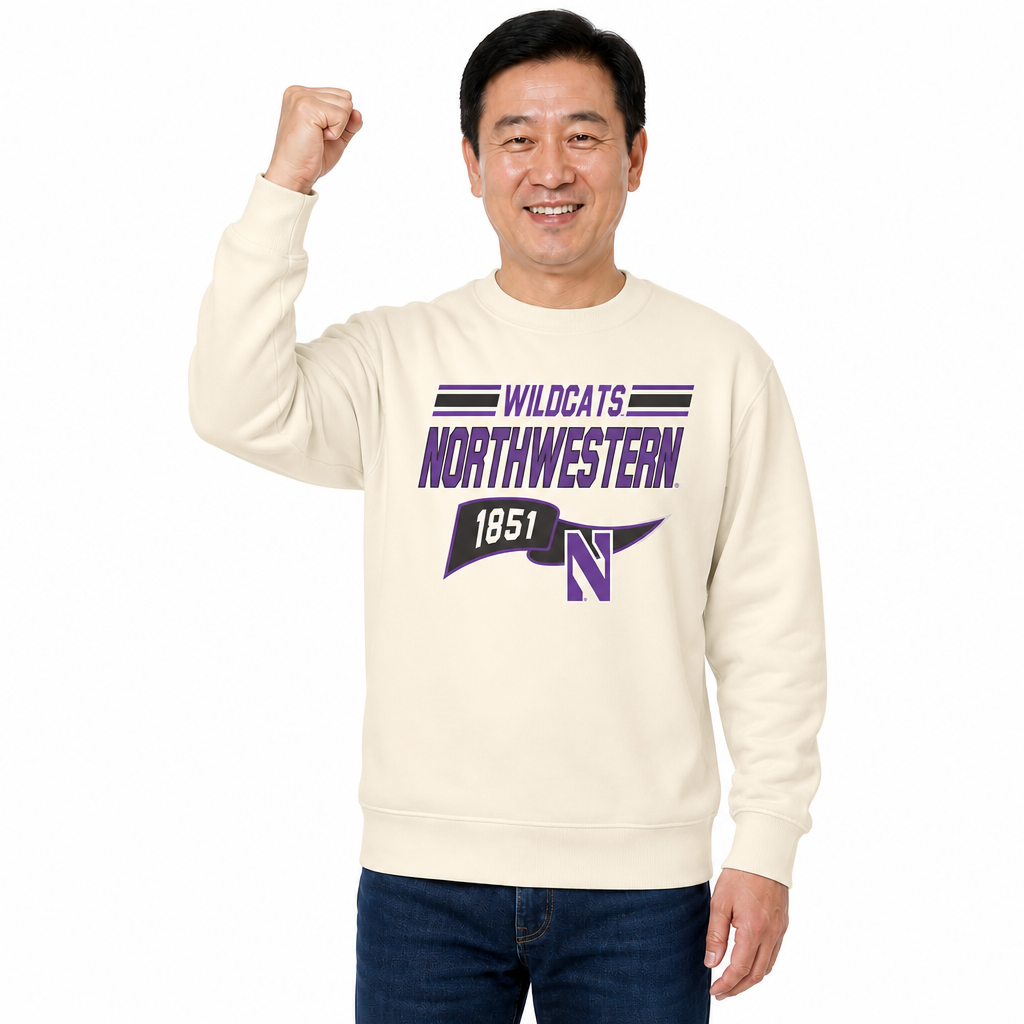 Northwestern Wildcats Varsity Pennant Crewneck Sweatshirt Men Women Fleece - Off White