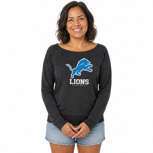 Detroit Lions  Women NFL French Terry Slouchy Raglan Top Scoop Neckline - Charcoal