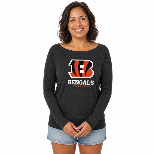 Cincinnati Bengals  Women NFL French Terry Slouchy Top Scoop Neckline - Charcoal