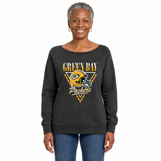 Green Bay Packers  Women's NFL Retro Triangle French Terry Crewneck Top - Heather Charcoal