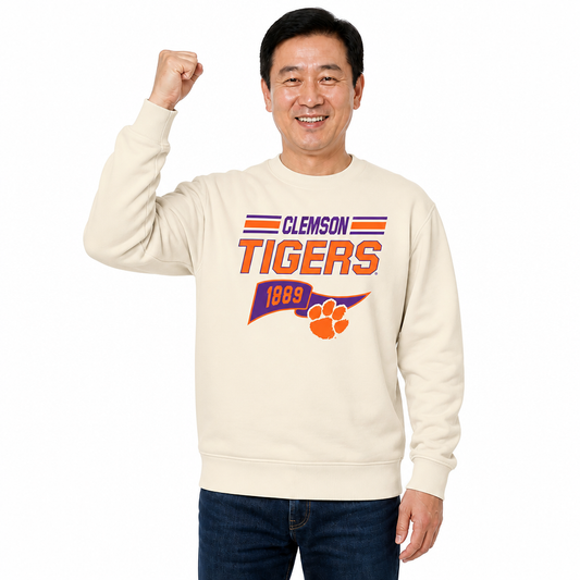 Clemson Tigers Varsity Pennant Crewneck Sweatshirt Men Women Fleece - Off White