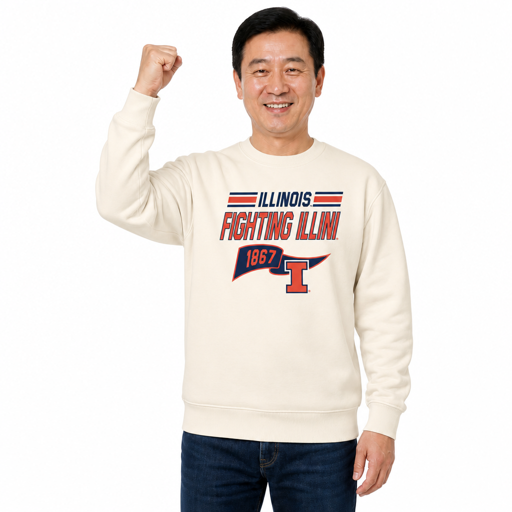 Illinois Fighting Illini Varsity Pennant Crewneck Sweatshirt Fleece - Off White