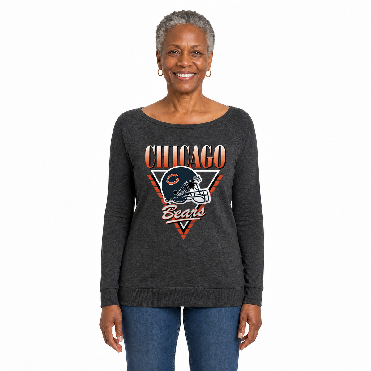 Chicago Bears  Women's NFL Retro Triangle French Terry Crewneck Top - Heather Charcoal