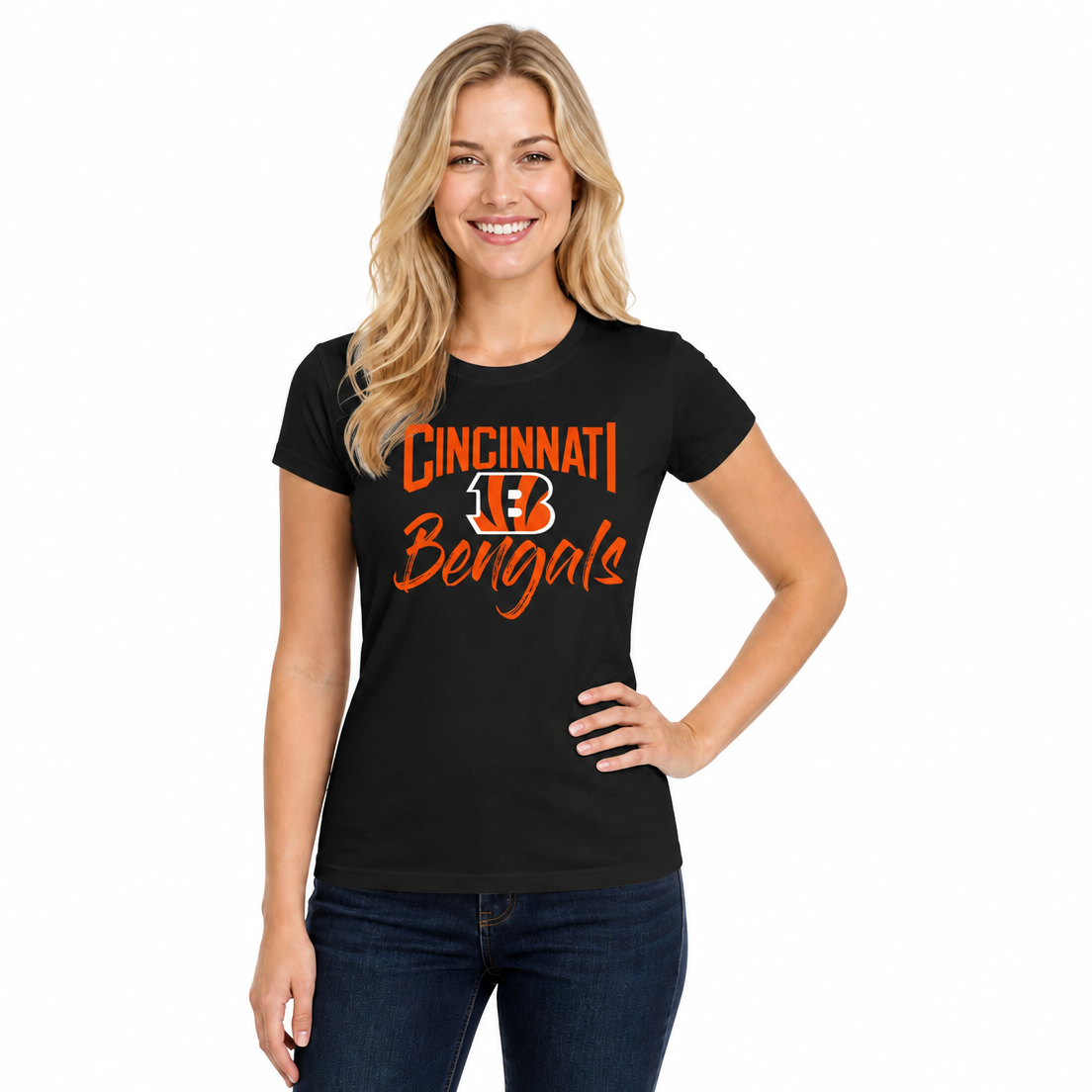 Cincinnati Bengals  NFL Women's Paintbrush Fitted T-Shirt Short Sleeve - Black