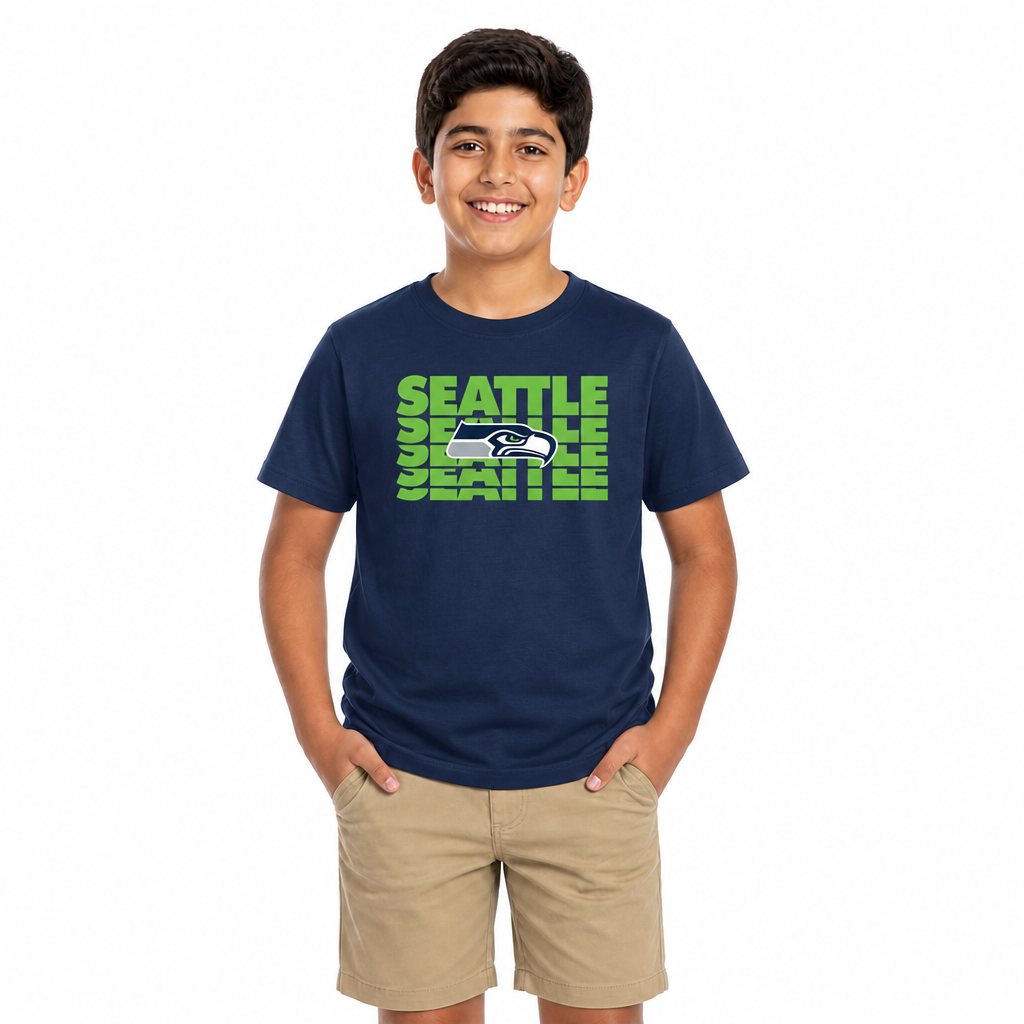 Seattle Seahawks NFL Youth Repeating Logo Football T-Shirt - Navy
