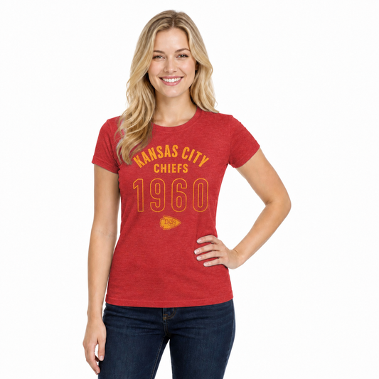 Kansas City Chiefs  Women's Big Date T-Shirt NFL Tee Cotton Licensed - Red Heather