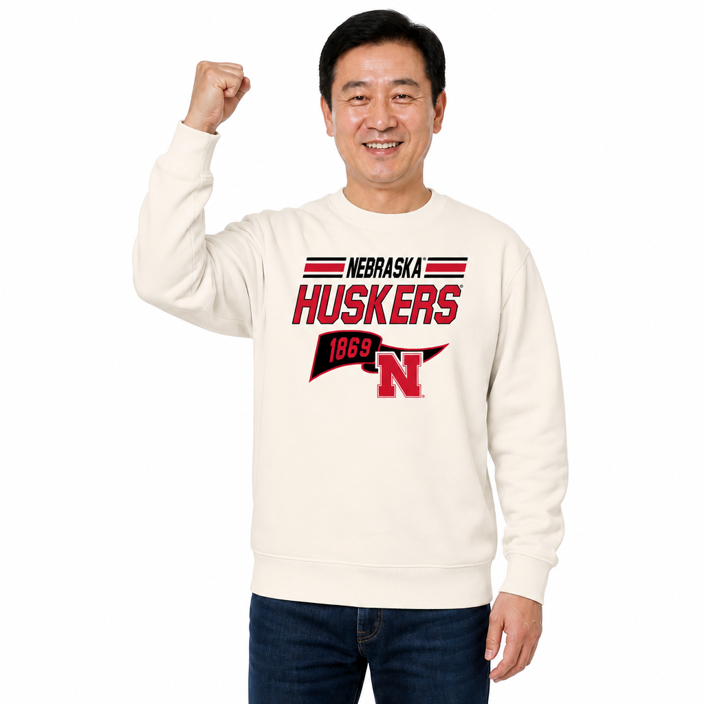 Nebraska Cornhuskers Varsity Pennant Crewneck Sweatshirt Men Women Fleece - Off White