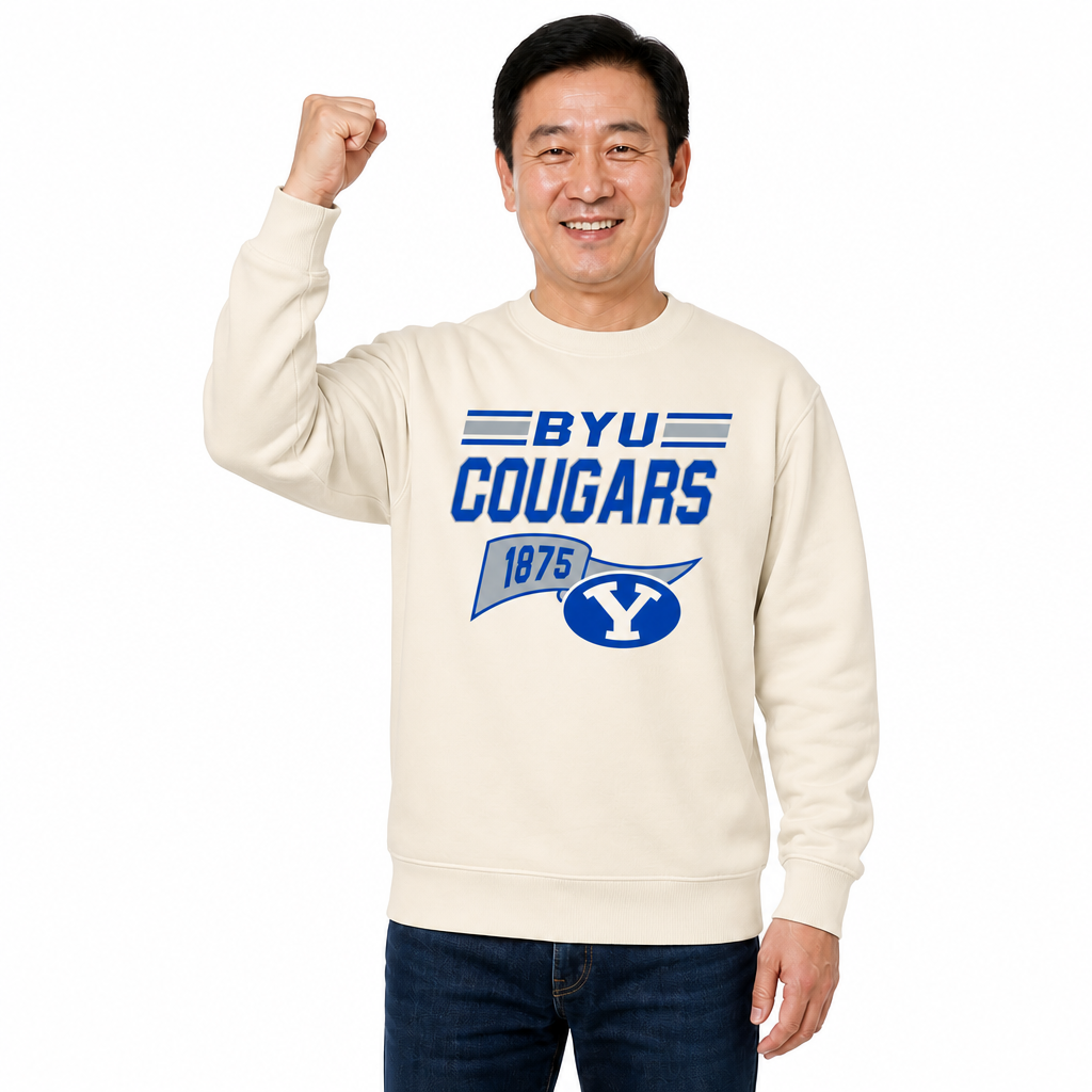 BYU Cougars NCAA Varsity Pennant Crewneck Sweatshirt Men Women Fleece - Off White