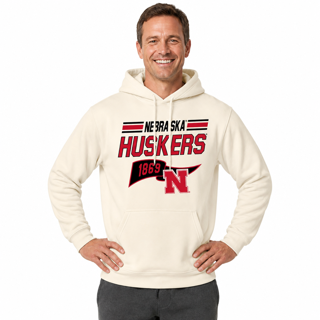 Nebraska Cornhuskers NCAA Varsity Club Pennant Hoodie Fleece Men Women - Off White