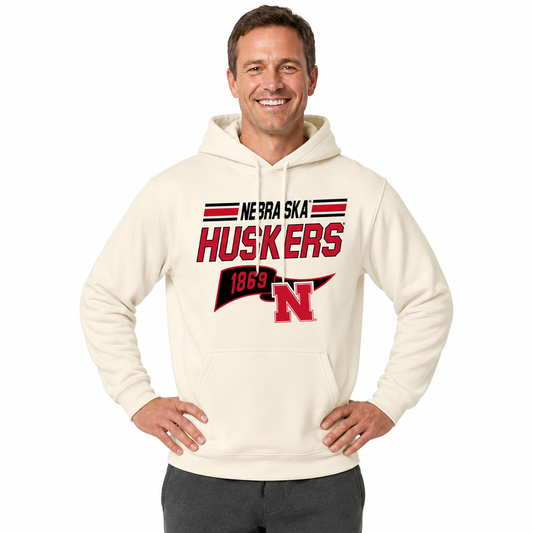 Nebraska Cornhuskers NCAA Varsity Club Pennant Hoodie Fleece Men Women - Off White