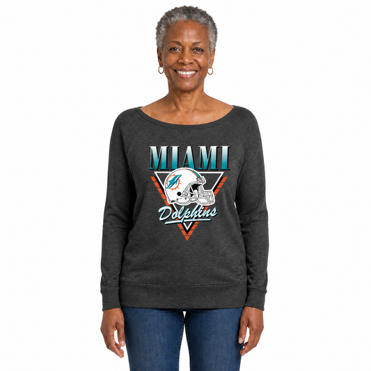 Miami Dolphins  Women's NFL Retro Triangle French Terry Crewneck Top - Heather Charcoal