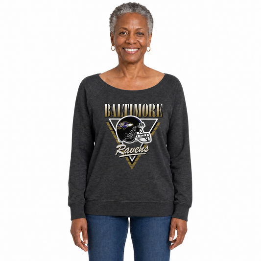 Baltimore Ravens  Women's NFL Retro Triangle French Terry Crewneck Top - Heather Charcoal