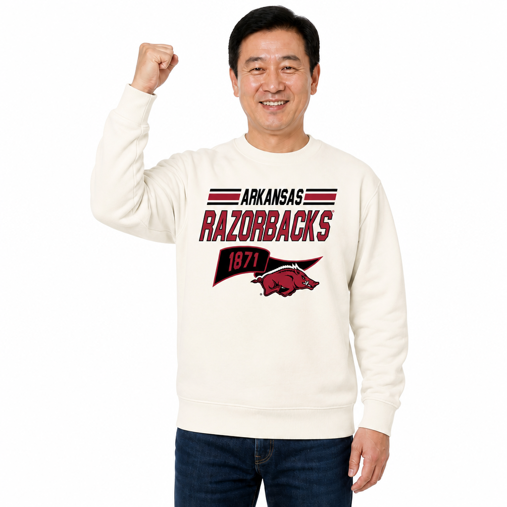 Arkansas Razorbacks Varsity Pennant Crewneck Sweatshirt Men Women Fleece - Off White