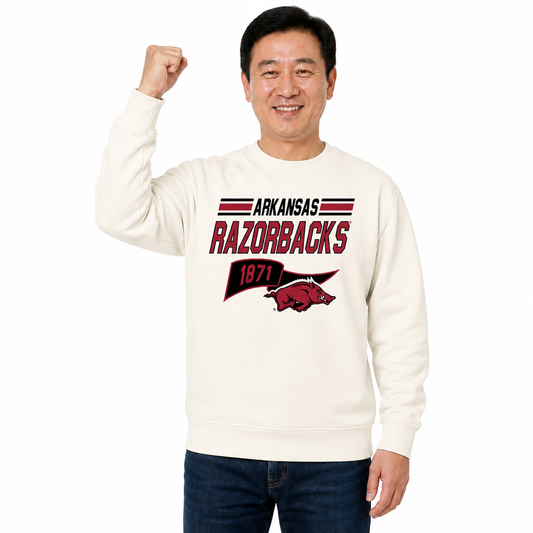 Arkansas Razorbacks Varsity Pennant Crewneck Sweatshirt Men Women Fleece - Off White