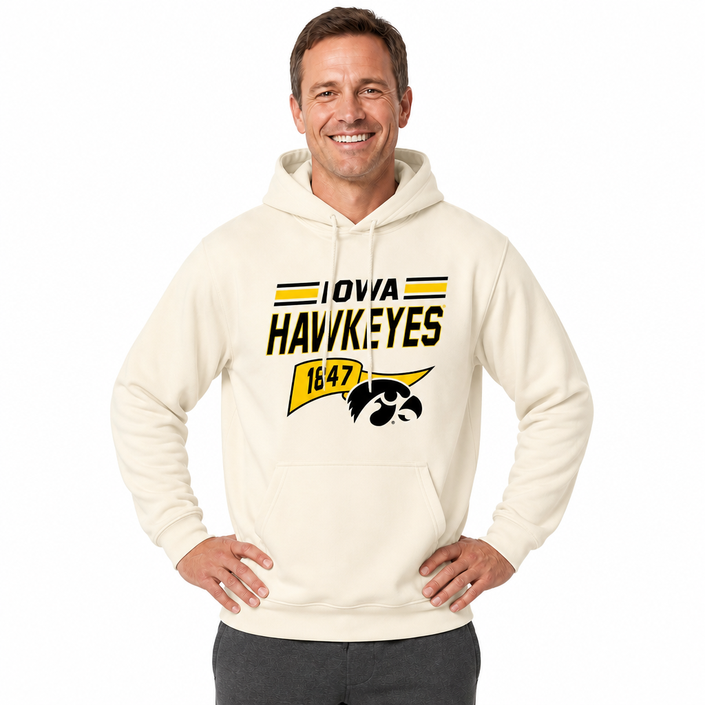 Iowa Hawkeyes NCAA Varsity Club Pennant Hoodie Fleece Men Women - Off White