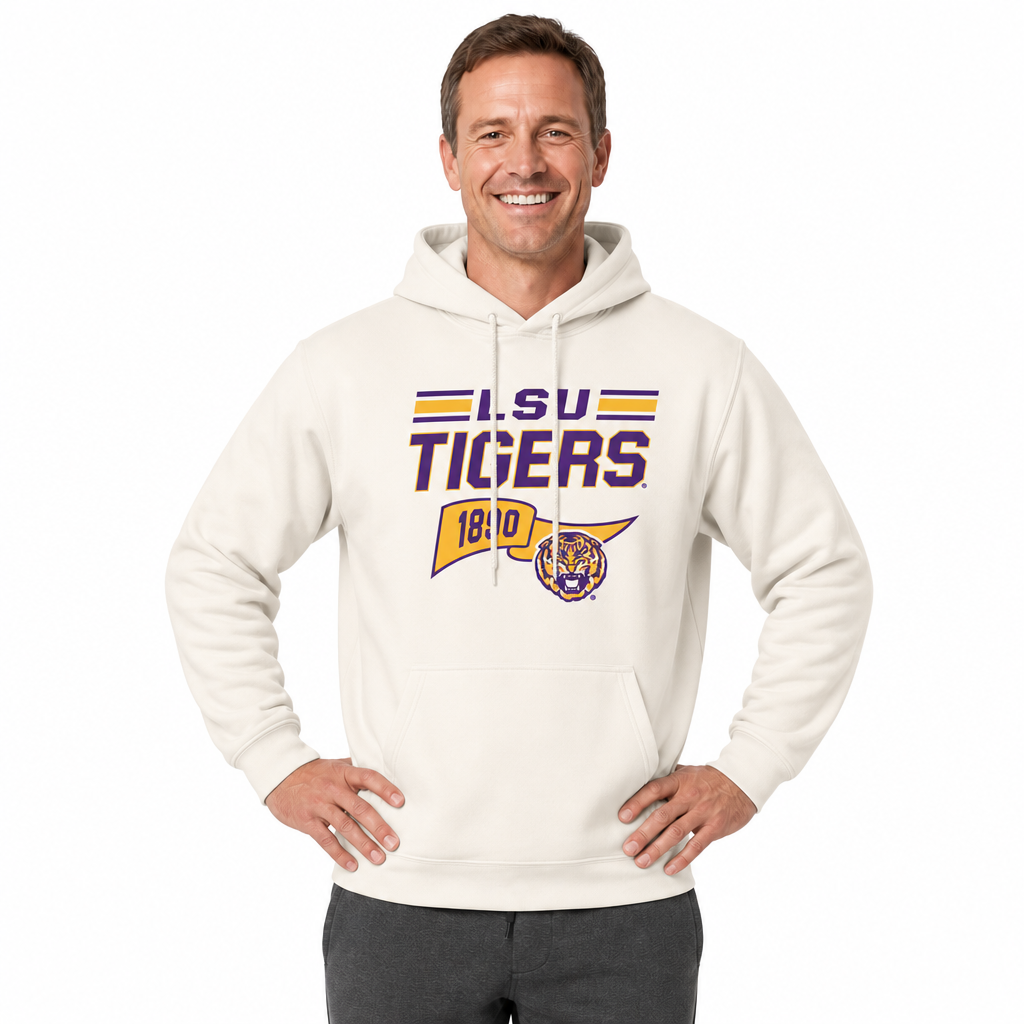 LSU Tigers NCAA Varsity Club Pennant Hoodie Fleece Men Women - Off White
