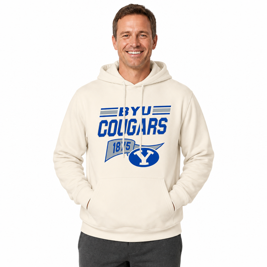 BYU Cougars NCAA Varsity Club Pennant Hoodie Fleece Men Women - Off White