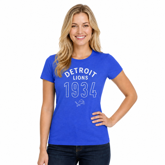 Detroit Lions  Women's Big Date T-Shirt NFL Tee Cotton Licensed - Royal Heather