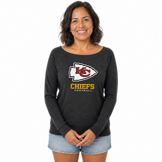 Kansas City Chiefs  Women NFL French Terry Slouchy Top Scoop Neckline - Charcoal