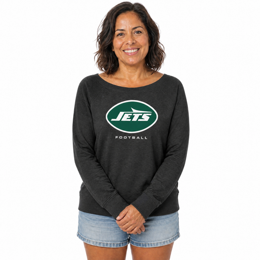 New York Jets  Women NFL French Terry Slouchy Raglan Top Scoop Neckline - Charcoal