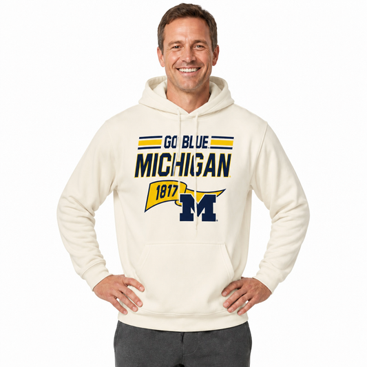 Michigan Wolverines NCAA Varsity Club Pennant Hoodie Fleece Men Women - Off White