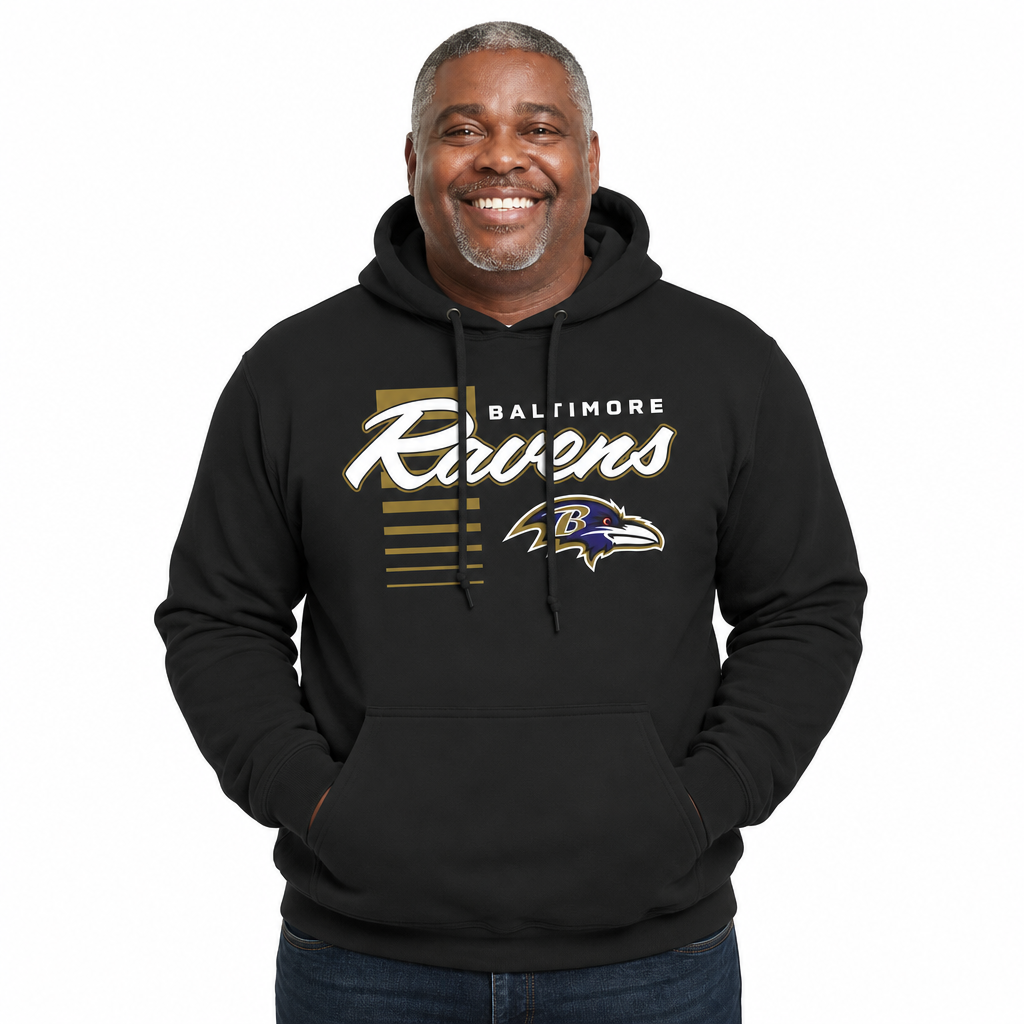 Baltimore Ravens NFL Adult Unisex Retro Script Ultra Soft Fleece Hooded Sweatshirt - Black