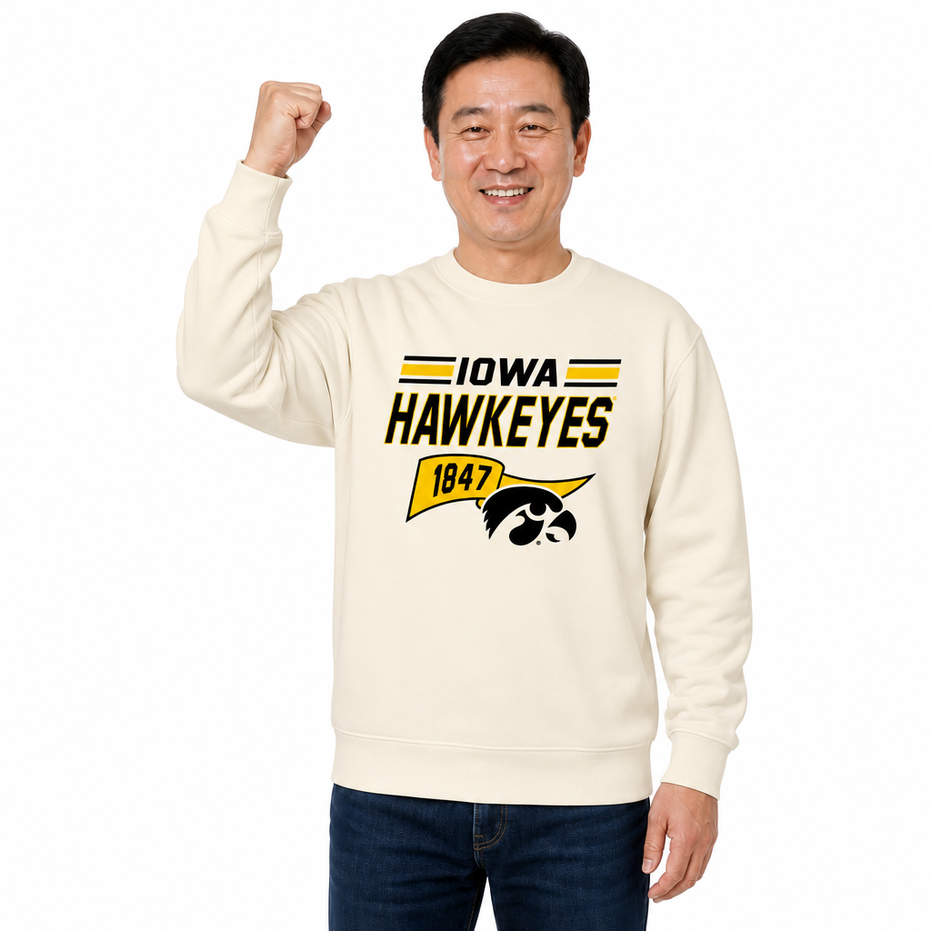 Iowa Hawkeyes Varsity Pennant Crewneck Sweatshirt Men Women Fleece - Off White