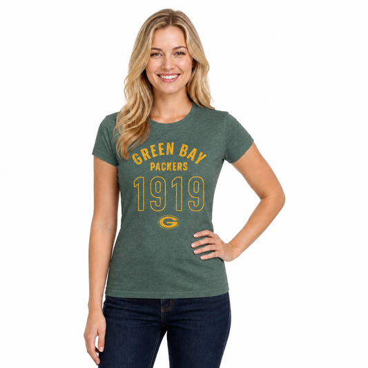 Green Bay Packers  Women's Big Date T-Shirt NFL Tee Cotton Licensed - Forest Green Heather