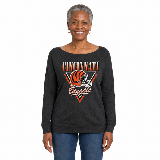Cincinnati Bengals  Women's NFL Retro Triangle French Terry Crewneck Top - Heather Charcoal