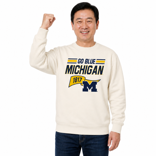 Michigan Wolverines Varsity Pennant Crewneck Sweatshirt Men Women Fleece - Off White