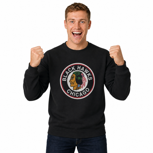 Chicago Blackhawks NHL Retro Logo Fleece Crewneck Sweatshirt Men Women - Black Heather