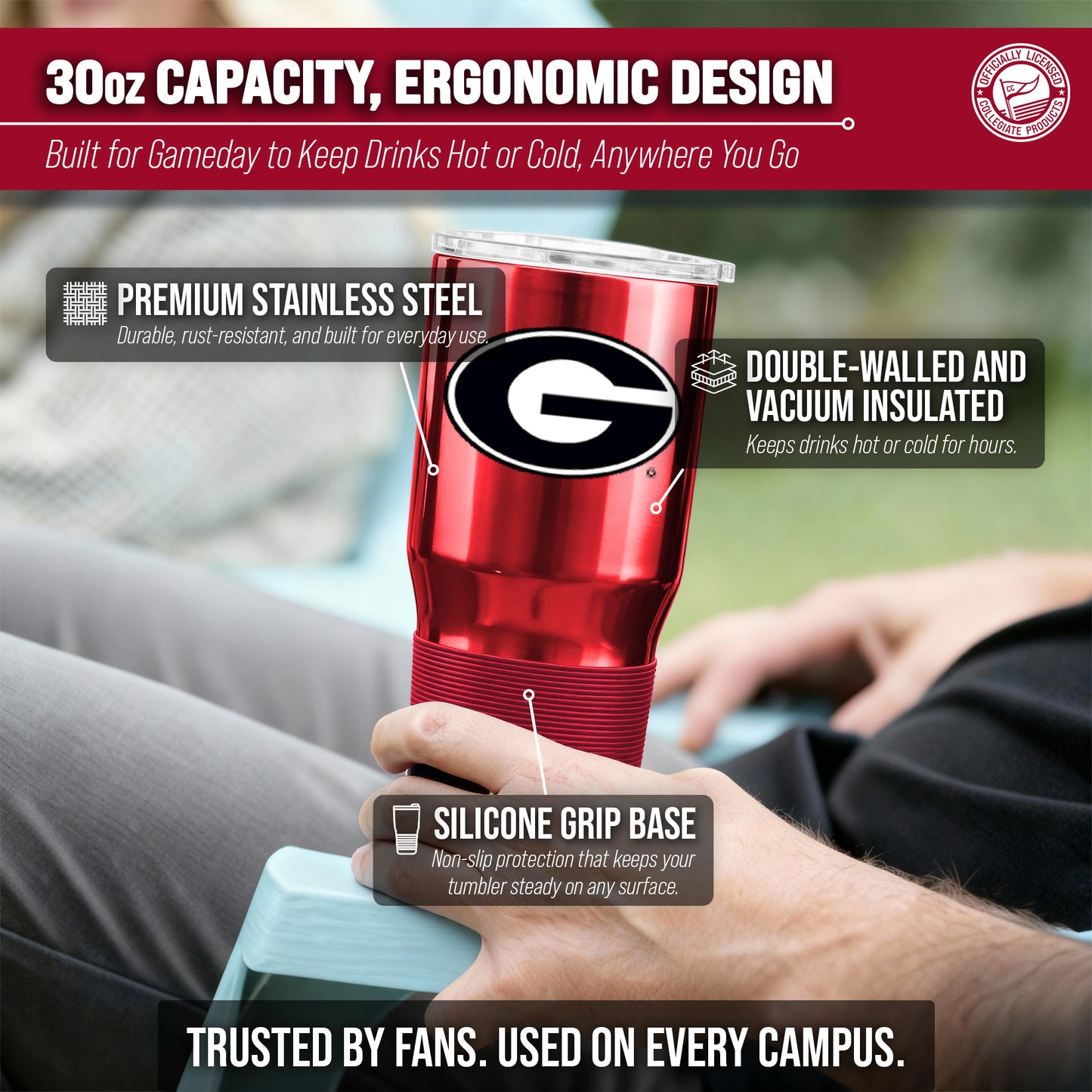 Georgia Bulldogs NCAA University 30oz Stainless Steel Vacuum Insulated Game Day Tumbler with Silicone Grip - Red