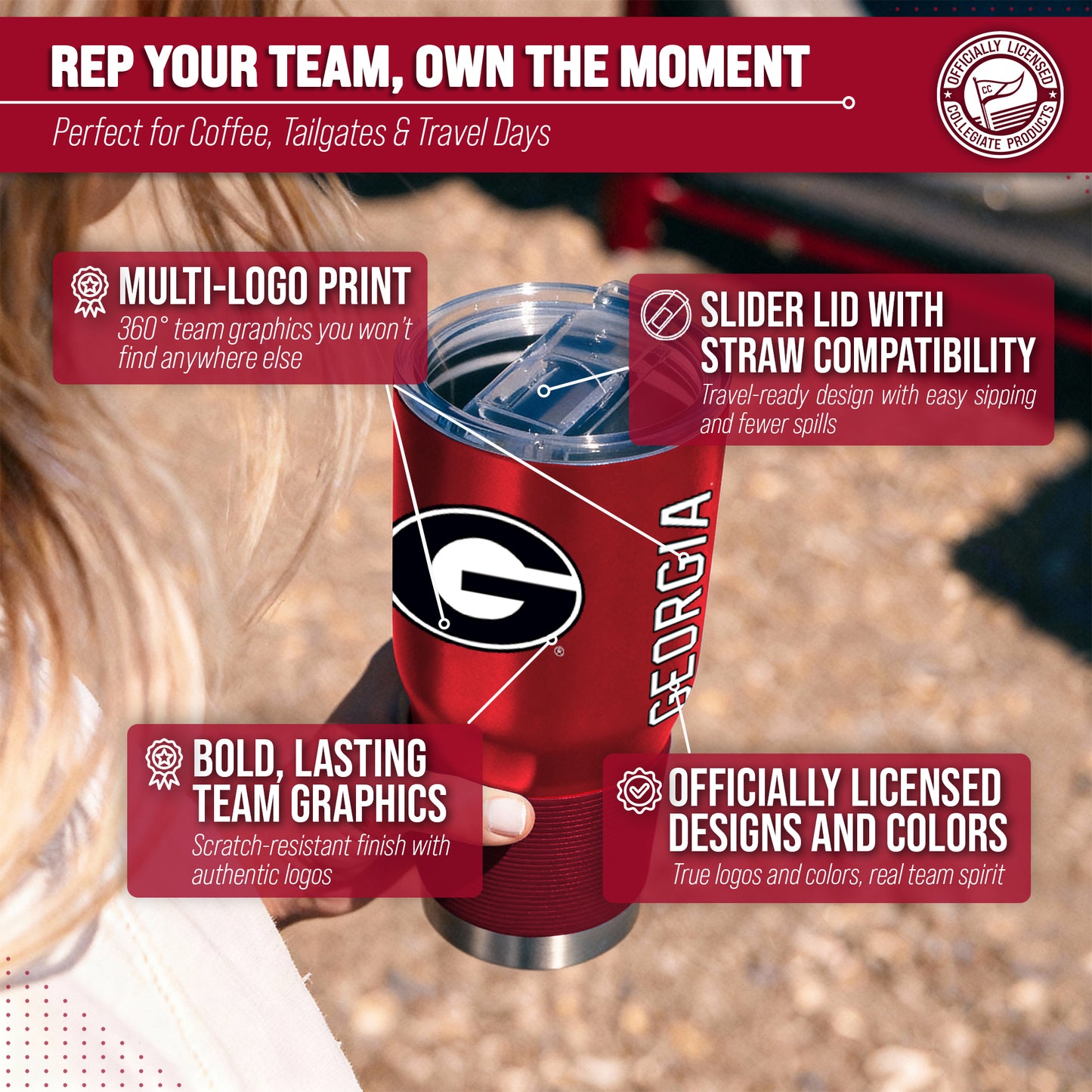 Georgia Bulldogs NCAA University 30oz Stainless Steel Vacuum Insulated Game Day Tumbler with Silicone Grip - Red