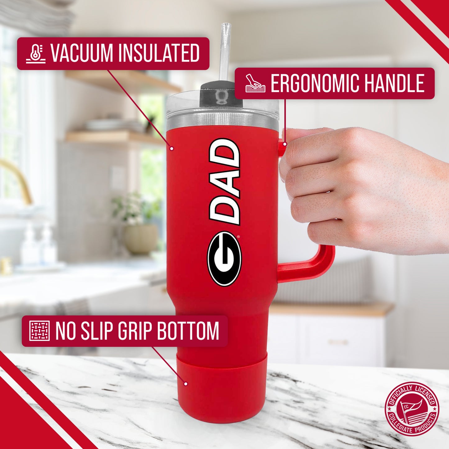 Georgia Bulldogs Collegiate 40oz Stainless Steel Travel Tumbler with Handle for Dad - Red