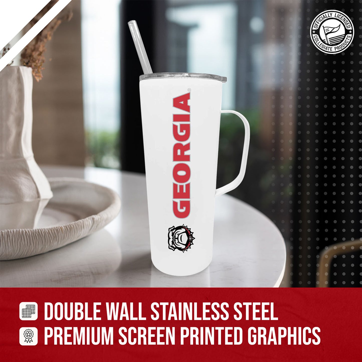 Georgia Bulldogs NCAA Stainless Steel 20oz Roadie With Handle & Dual Option Lid With Straw - White