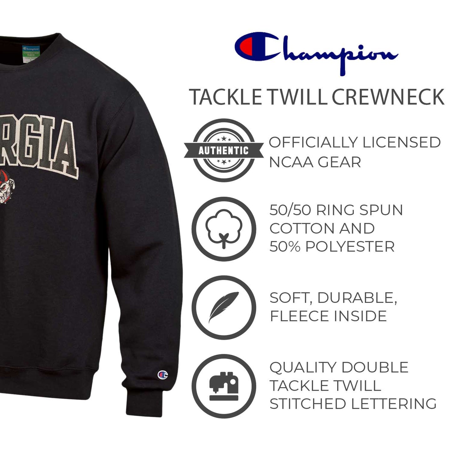 Georgia Bulldogs Adult Tackle Twill Crewneck - Black