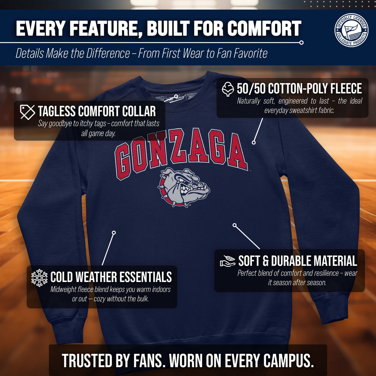 Gonzaga Bulldogs Campus Colors Adult Arch & Logo Soft Style Gameday Crewneck Sweatshirt  - Navy