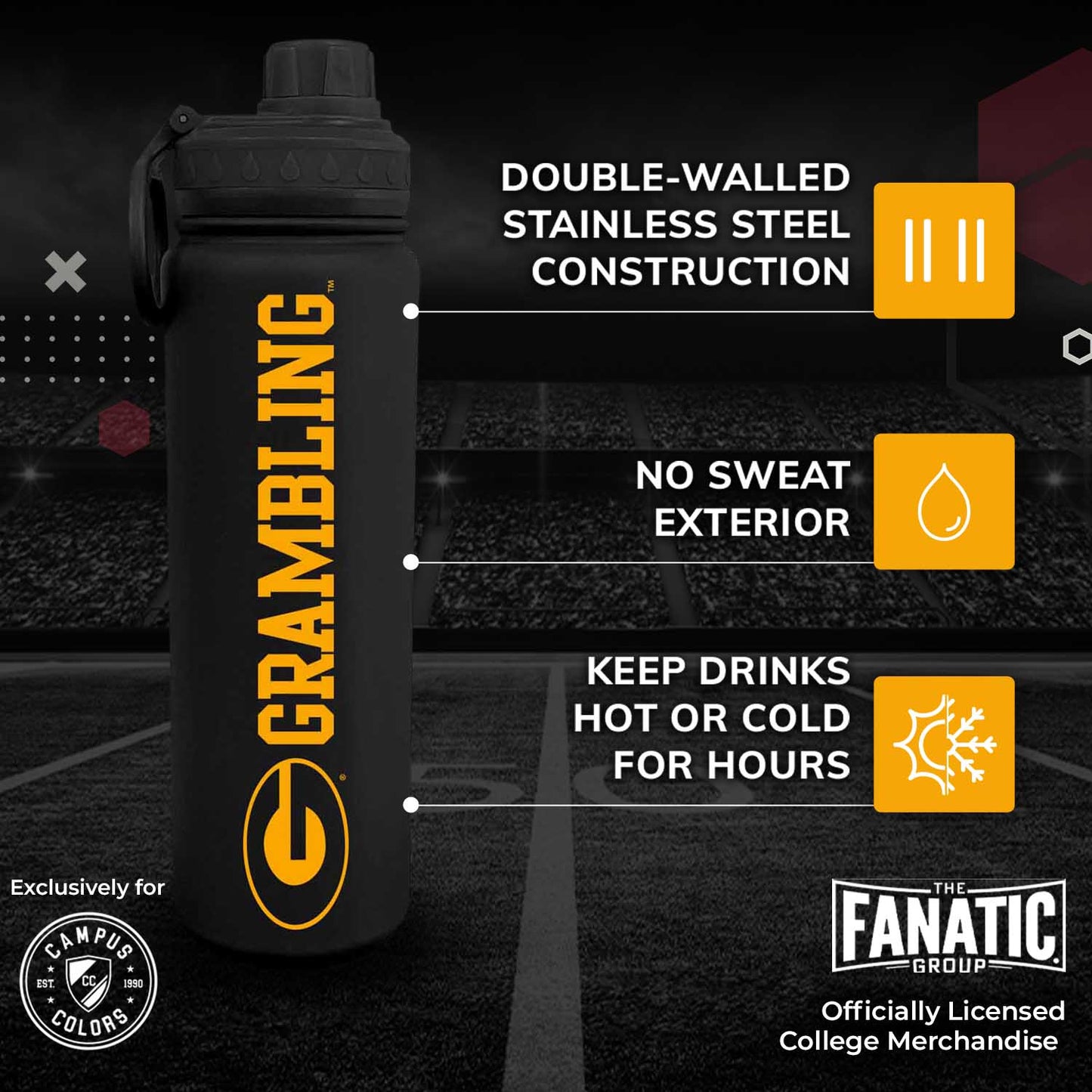 Grambling State University NCAA Stainless Steel Water Bottle - Black