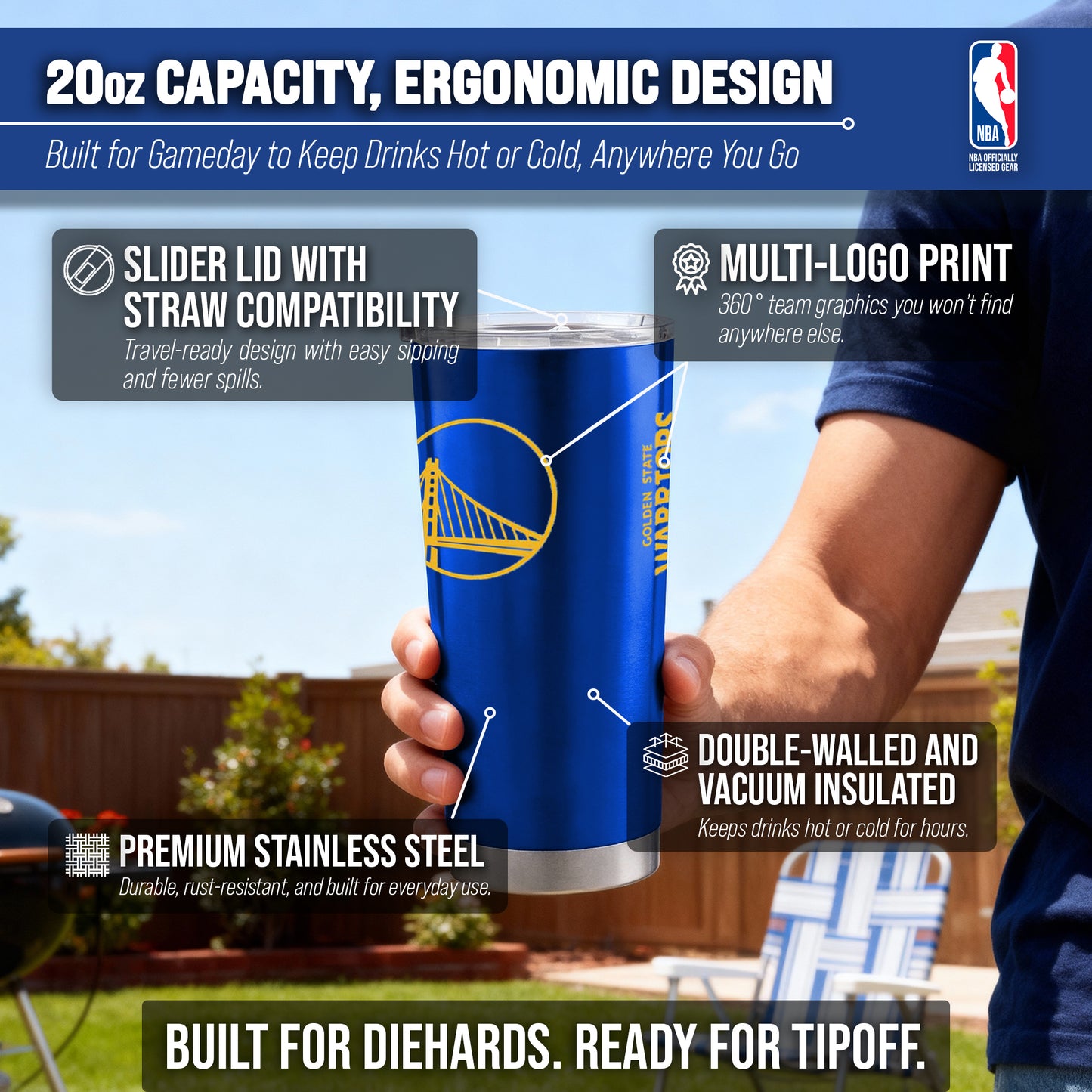 Golden State Warriors NBA Basketball 20oz Stainless Steel Vacuum Insulated Game Day Tumbler with Silicone Grip - Royal