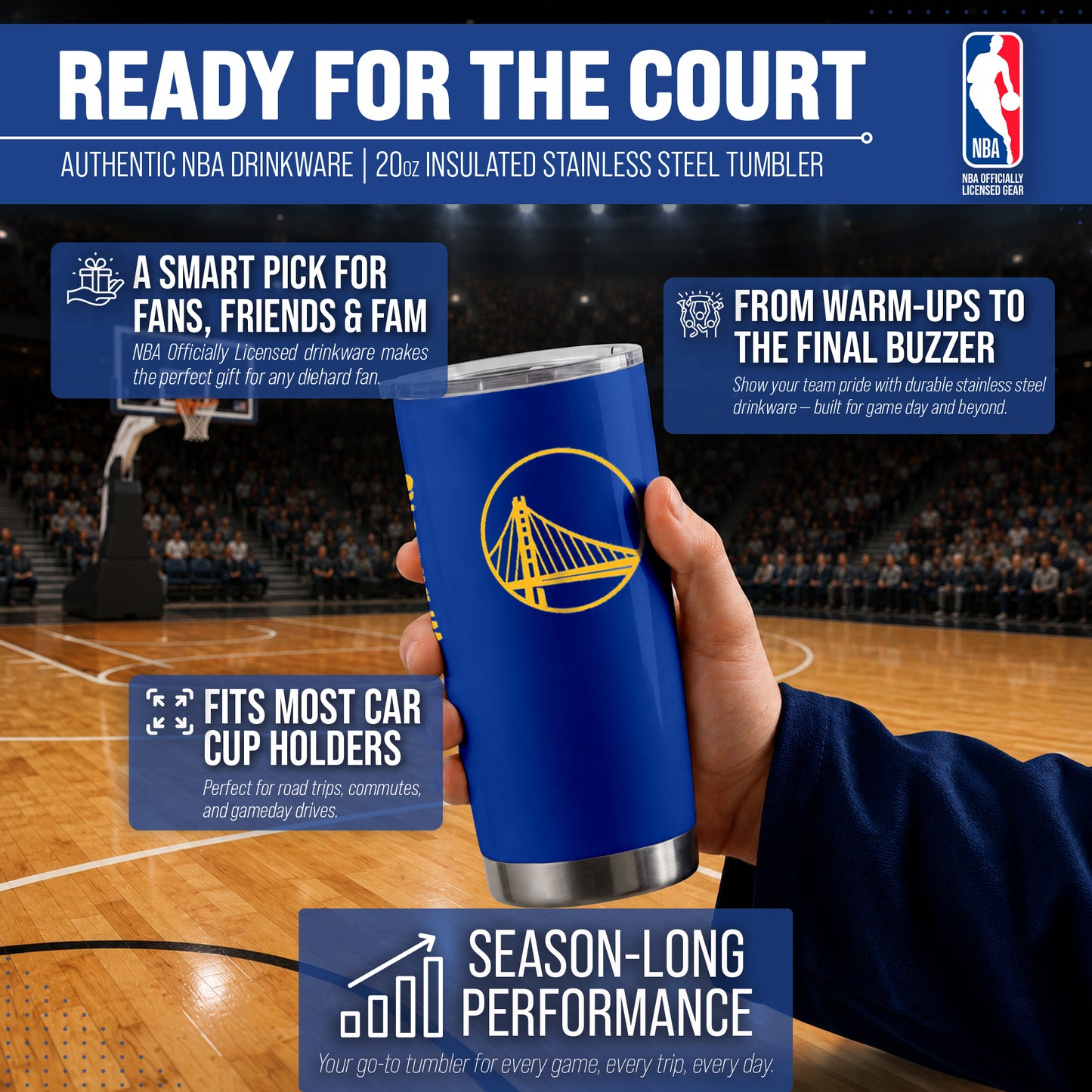 Golden State Warriors NBA Basketball 20oz Stainless Steel Vacuum Insulated Game Day Tumbler with Silicone Grip - Royal