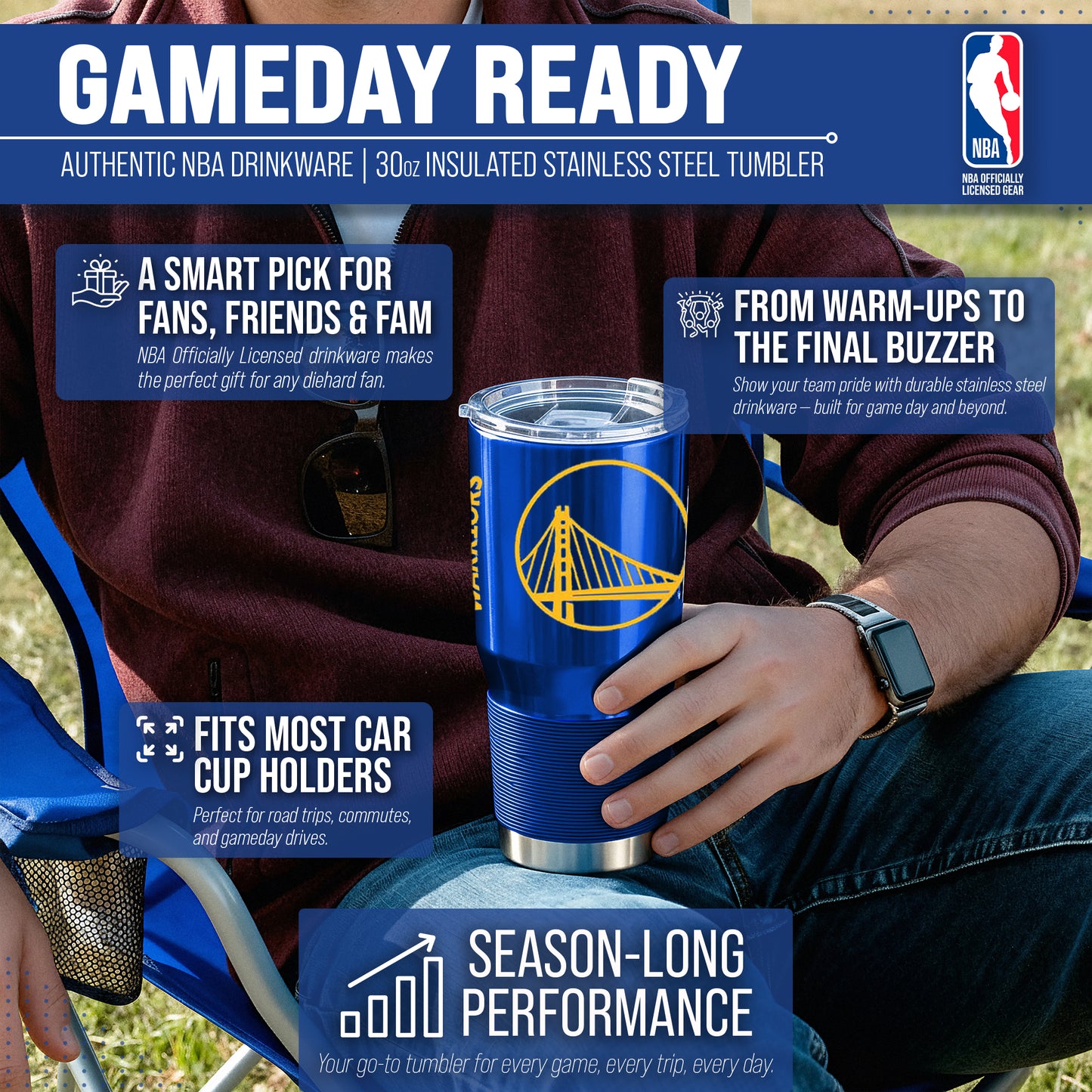 Golden State Warriors NBA Basketball 30oz Stainless Steel Vacuum Insulated Game Day Tumbler with Silicone Grip - Royal