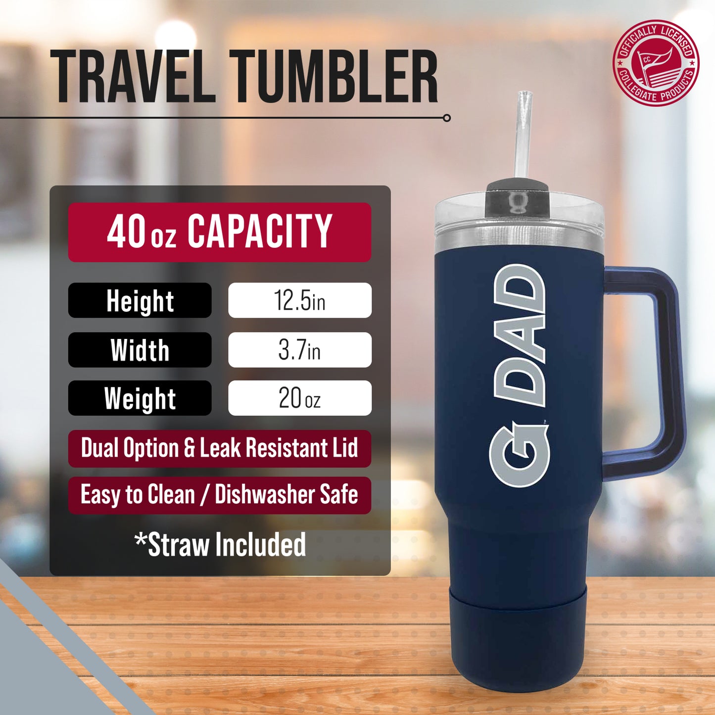 Georgetown Hoyas Collegiate 40oz Stainless Steel Travel Tumbler with Handle for Dad - Navy
