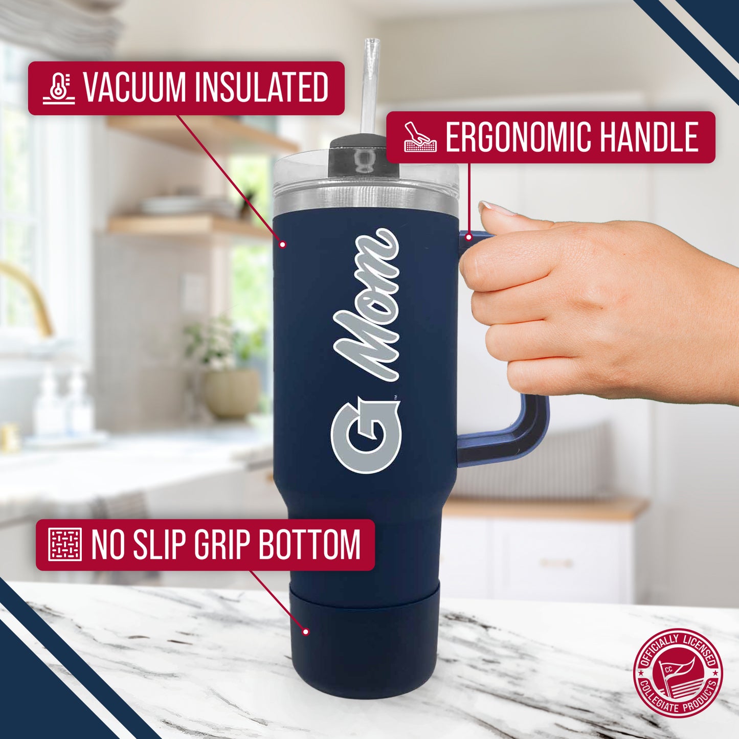 Georgetown Hoyas Collegiate 40oz Stainless Steel Travel Tumbler with Handle for Mom - Navy