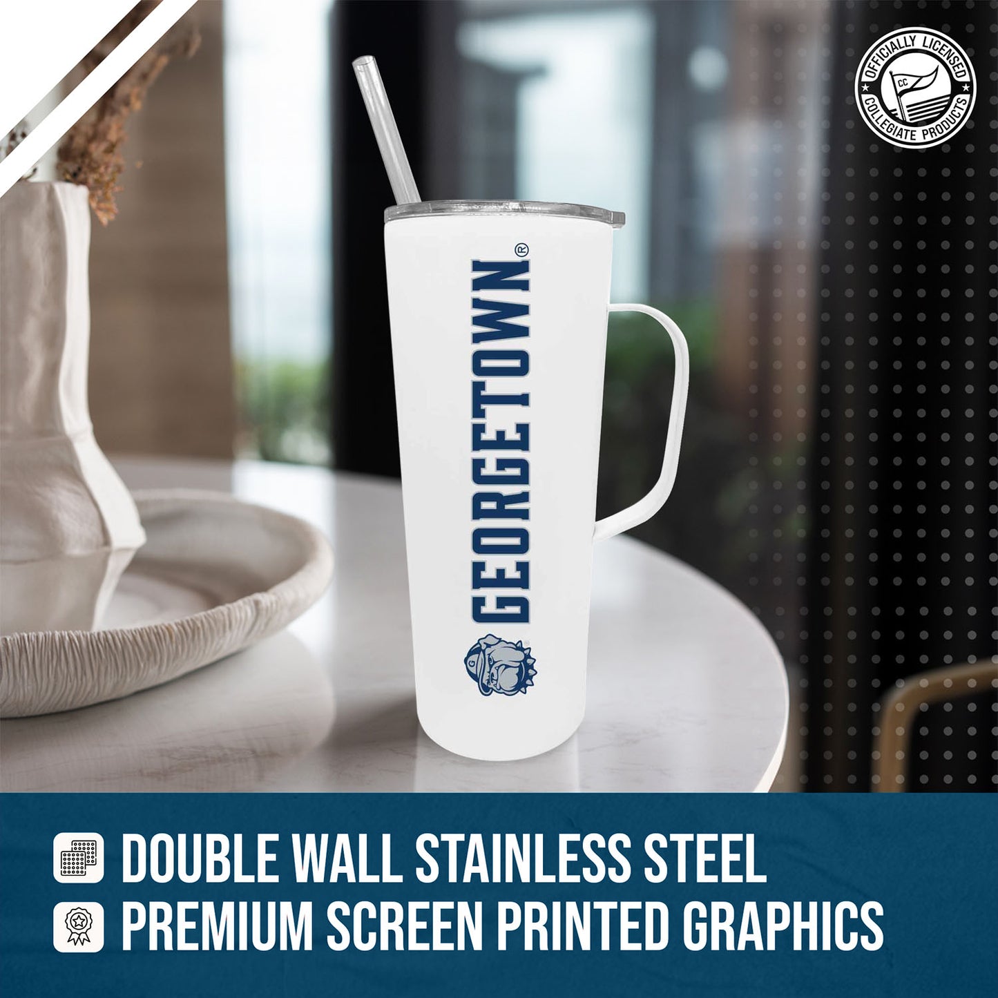 Georgetown Hoyas NCAA Stainless Steel 20oz Roadie With Handle & Dual Option Lid With Straw - White