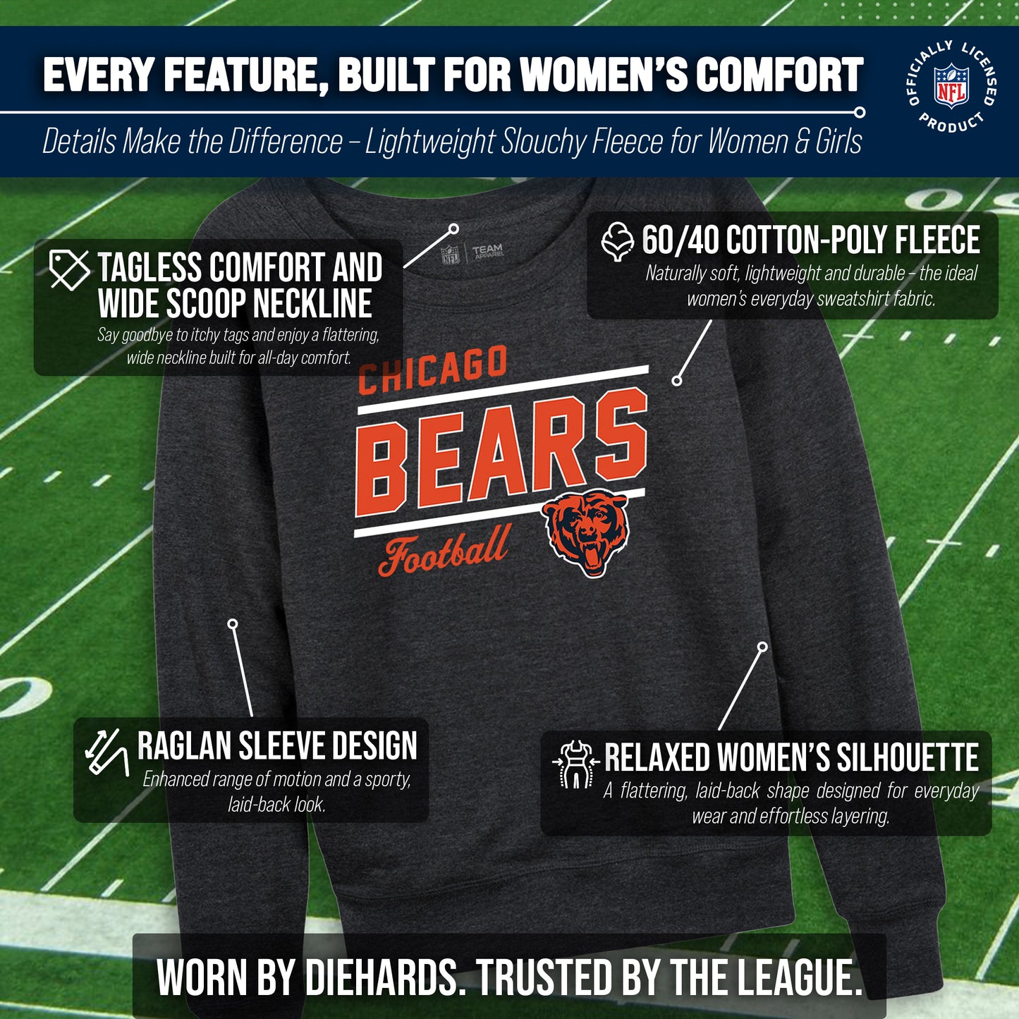Chicago Bears NFL Womens Gameday French Terry Slouchy Top- Raglan Sleeves - Heather Charcoal